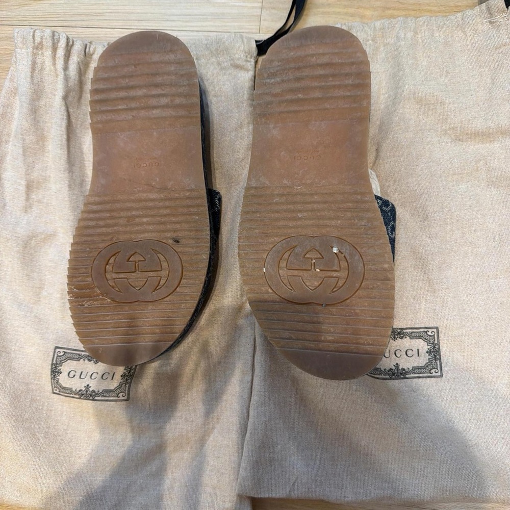 Gucci Denim GG Slide Sandals in Denim Blue and Brown - Picture 2 of 3
